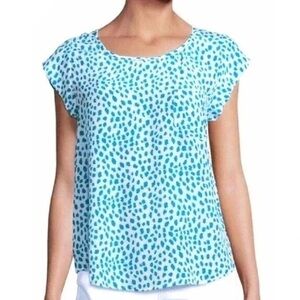Joie Turquoise Blue & White Animal Spot Print Cap Sleeve Square Fit Silk Blouse
